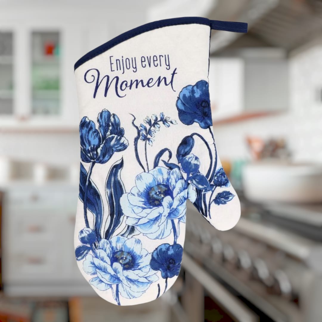 5-Piece Kitchen Towel & Oven Mitt Set – “Enjoy Every Moment” Blue Floral Design