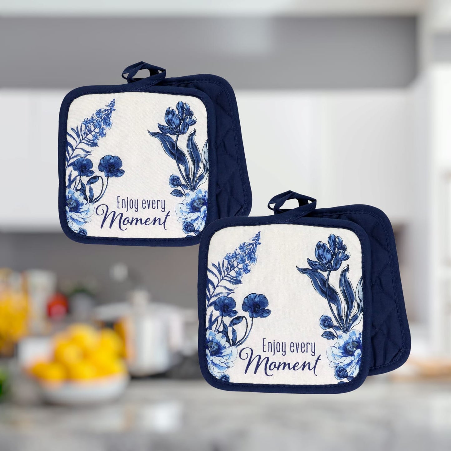 5-Piece Kitchen Towel & Oven Mitt Set – “Enjoy Every Moment” Blue Floral Design