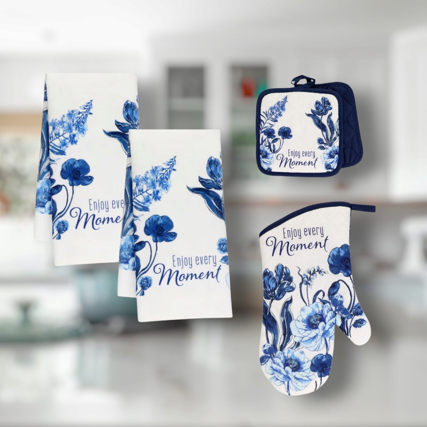5-Piece Kitchen Towel & Oven Mitt Set – “Enjoy Every Moment” Blue Floral Design