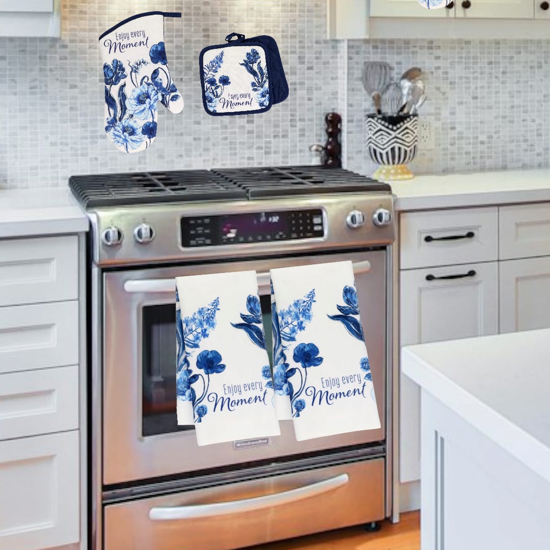 5-Piece Kitchen Towel & Oven Mitt Set – “Enjoy Every Moment” Blue Floral Design