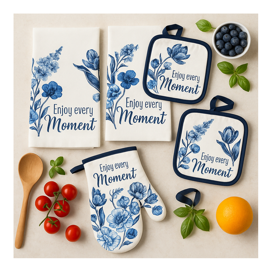 5-Piece Kitchen Towel & Oven Mitt Set – “Enjoy Every Moment” Blue Floral Design
