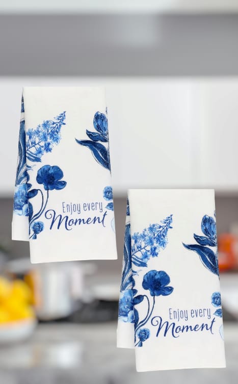 5-Piece Kitchen Towel & Oven Mitt Set – “Enjoy Every Moment” Blue Floral Design